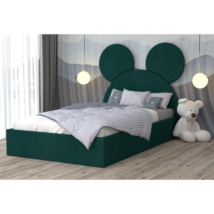 Pat Tapitat Mickey Verde Verde cu Somiera Rabatabila Fara Saltea 160 x 200