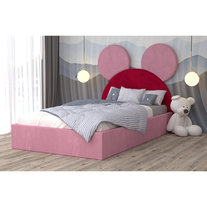 Pat Tapitat Mickey Roz Rosu Roz cu Somiera Rabatabila si Cu Saltea 140 x 200