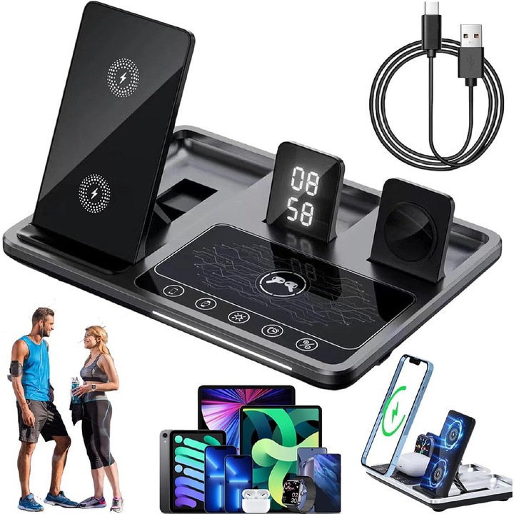 Statie de incarcare wireless 4 in 1, incarcator pentru telefoane, ceasuri inteligente, casti, design pliabil, gri