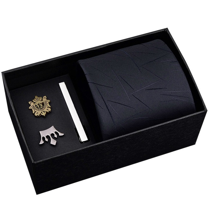 Set Cravata, Fudisenn®，Brosa de scut, brosa de coroana，Ac de cravata, negru, Tesatura de inalta densitate, cusut manual, cu 1200 de ace，Model Frunze, 145x 8 cm, Cutie