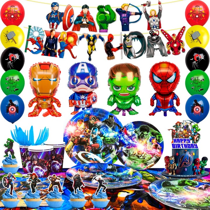 85pcs Set Accesorii Petrecere Supereroi, InBoxxarty, Decoratiuni Petrecere Hero - banner, farfurii, baloane, cupcake toppers, farfurii mari etc decoratiuni aniversare copii