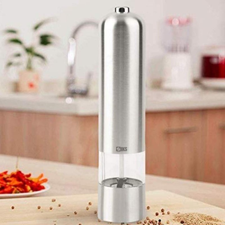 Rasnita Electrica SIKS Pentru Sare/Piper, Rasnita Condimente, Cu Led, 4 Baterii AA (Neincluse), Inox, 22x5 cm, Argintie