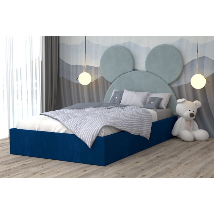 Pat Tapitat Mickey Lemon Albastru cu Somiera Rabatabila si Cu Saltea 160 x 200