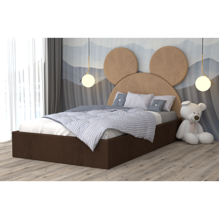 Pat Tapitat Mickey Crem Maro cu Somiera Rabatabila si Cu Saltea 160 x 200