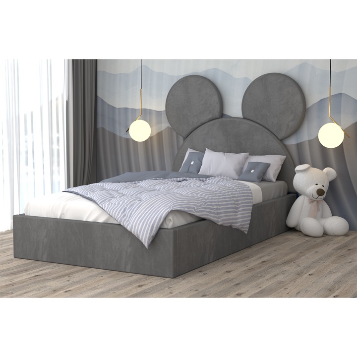 Pat Tapitat Mickey Gri Gri cu Somiera Rabatabila si Cu Saltea 120 x 200