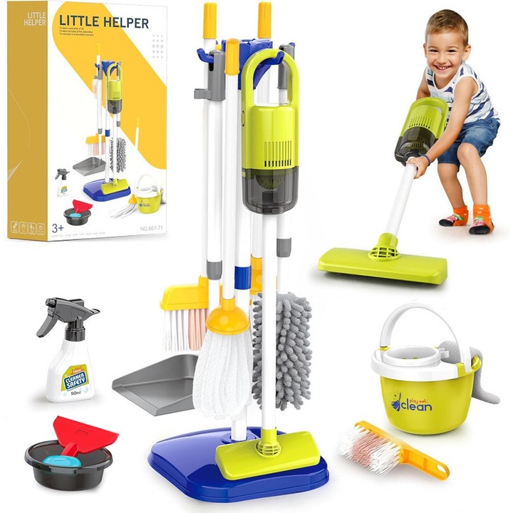 Set de curatenie pentru copii Umetoop, 9 piese, aspirator functional, mop, matura, suport organizator