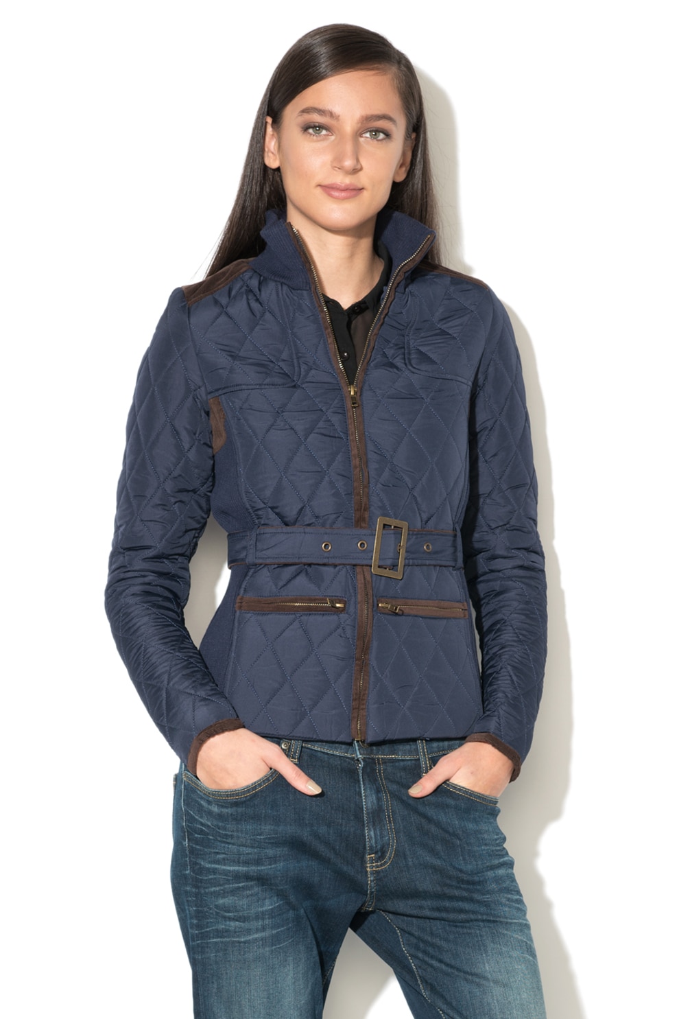 BRAVE SOUL, Jacheta matlasata cu garnituri din material reiat si curea, Bleumarin/Maro