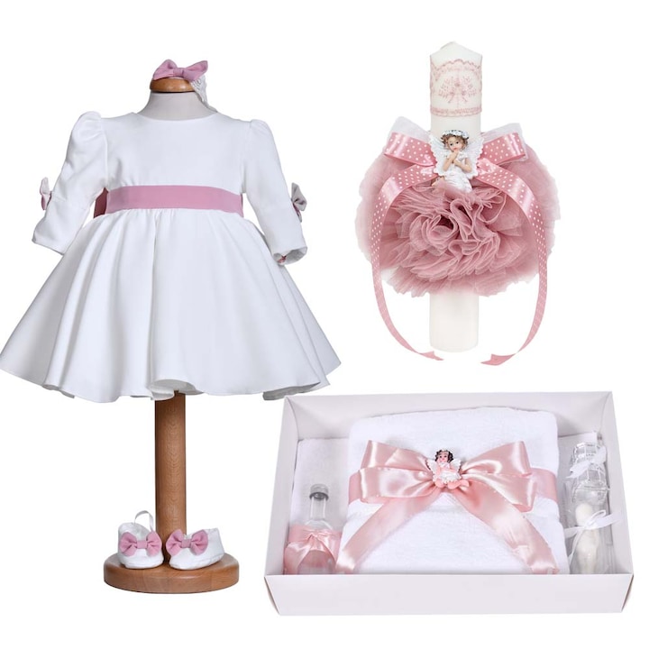 Set trusou botez ingeras, lumanare asortata si rochita eleganta pentru botez fetita, 3 piese, 1 - 3 luni, roz pudrat, Denikos NK74