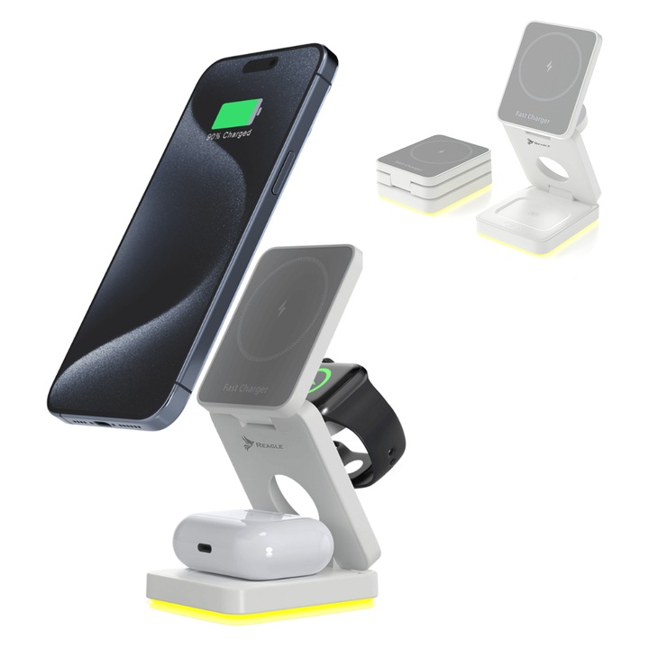 3 az 1-ben MagSafe Qi 15 W induktív töltő, fehér, kompatibilis: iPhone 12/13/14/15/16, Apple Watch (minden modell), AirPods Pro/Pro 2, AirPods 3/4 – Reagle