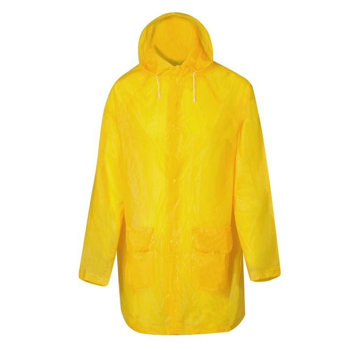 Vízálló esőkabát felnőtteknek, 100% PVC, kapucnival, egy méret, sárga, 88x66 cm