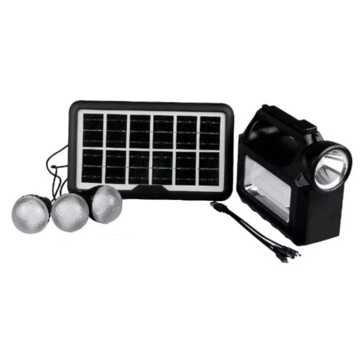 Kit Solar cu Lanterna Portabila GD Lite GD-8017 – 3 Becuri LED si Panou Solar pentru Camping, Gradina, Activitati in Aer Liber