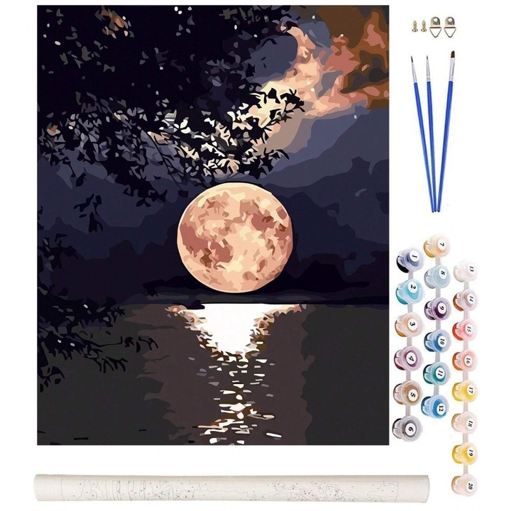 Set pictura pe numere, Zola, pentru copii si adulti, peisaj nocturn cu luna plina reflectata in apa, accesorii incluse, panza 40 x 50 cm