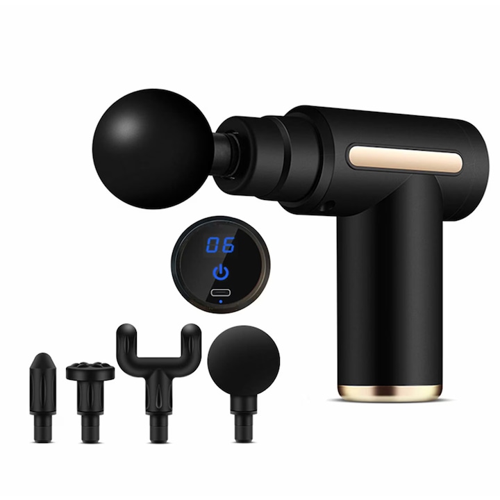 Professzionális masszírozó, pisztoly típusú, 1500mAh akkumulátor, 1200-3200 fordulat/perc, 4 fej, nyakra, hátra, kézre, lábakra, anti-cellulit, csendes motor, Fekete