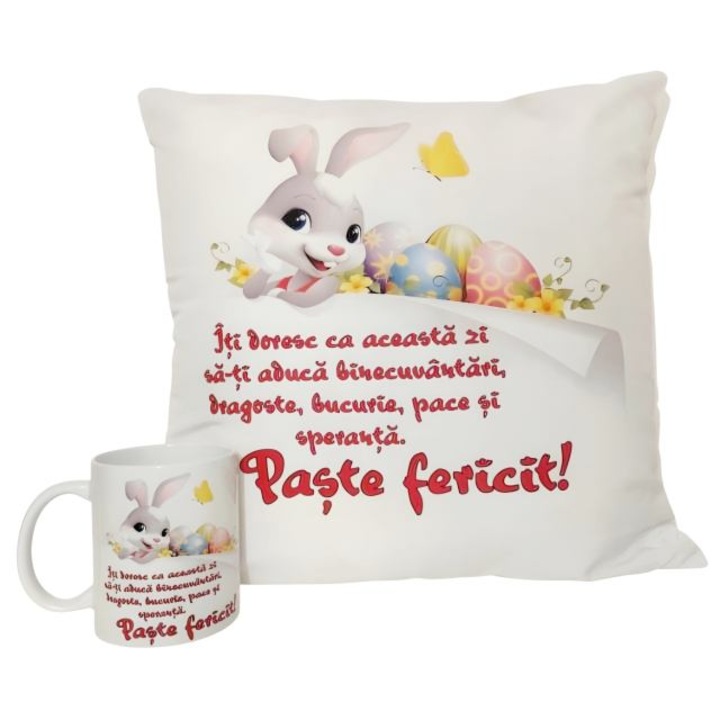 Set perna si cana personalizate, ''Paste fericit!'', perna 40x40 cm, cana 330 ml, alb
