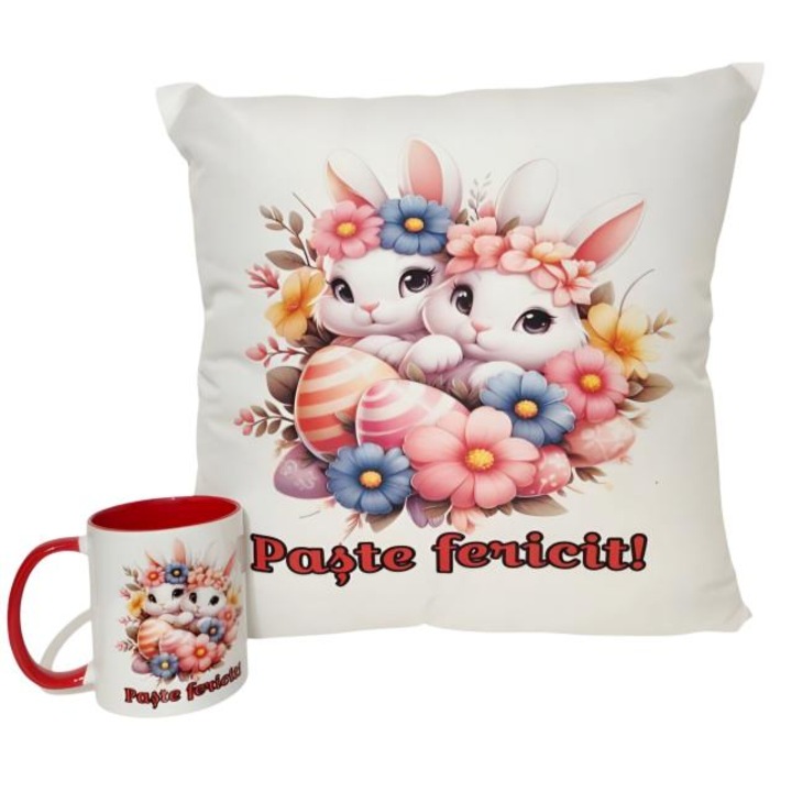 Set perna si cana personalizate, ''Paste fericit!'', perna 40x40 cm, cana 330 ml, alba cu interior si maner rosu