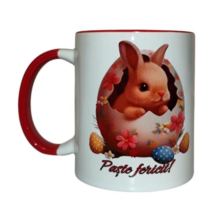 Cana personalizata, ''Paste fericit!'', ceramica, 330 ml, alba cu interior si maner rosu