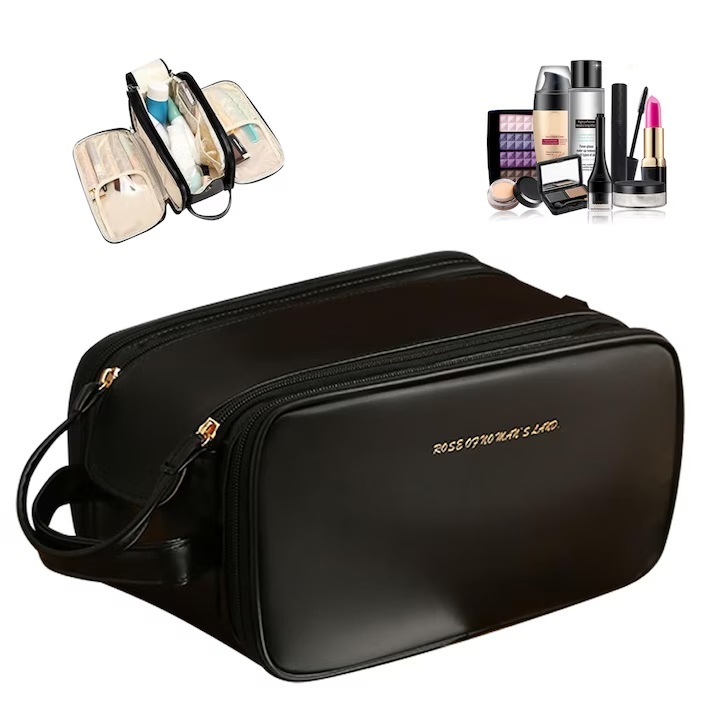 Geanta de Calatorie pentru Cosmetice eBA®, Usor de Curatat, Spatioasa, Portabila, Eleganta, 3 Compartimente, 25 x 18 x 9 cm, Multifunctionala, Pliabila, Usor de Curatat, Negru