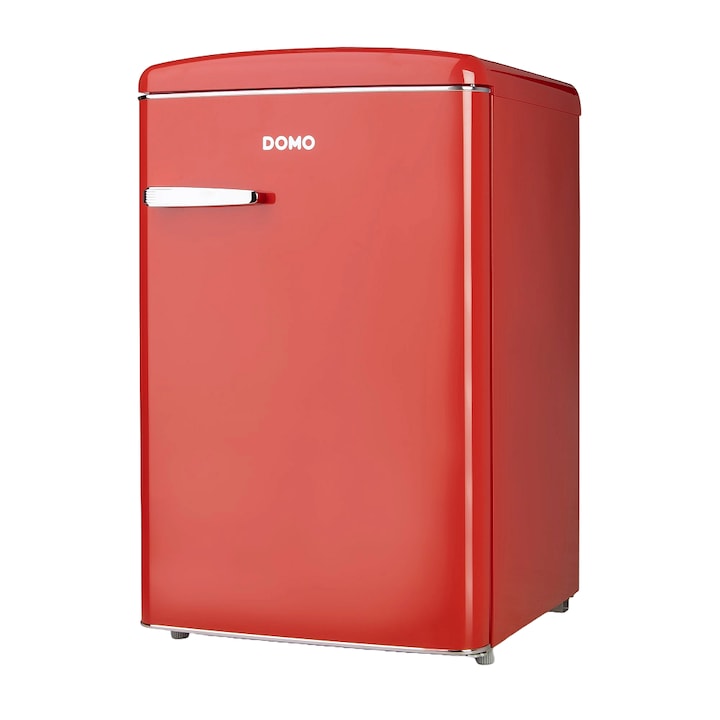 Ретро мини хладилник DOMO, капацитет 120 л, H 89.2 см, идеален за офис/хотел/каравана, регулируема температура, 3 стъклени рафта, 3 отделения на вратите, отделение за плодове/зеленчуци, LED вътрешно осветление, хромирана дръжка, червен