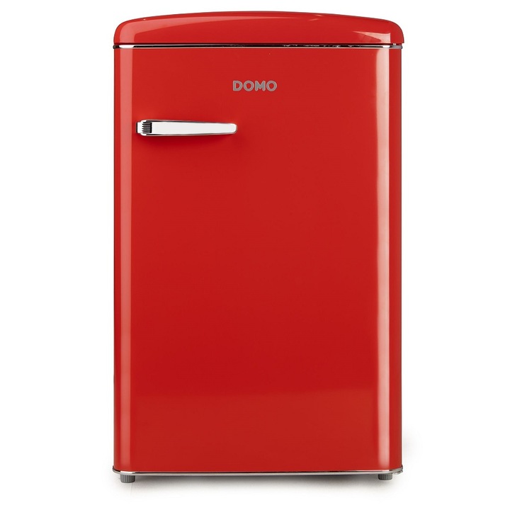 Mini frigider Retro DOMO, capacitate 120 l, H 89.2 cm, ideal pentru birou/hotel/rulota, temperatura reglabila, 3 rafturi din sticla, 3 compartimente pe usa, compartiment fructe/legume, iluminare interioara LED, maner cromat, rosu