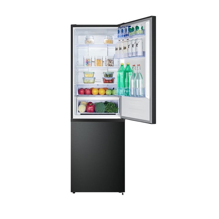 Combina frigorifica Full No Frost DOMO, H 185.9 cm, capacitate totala 304 litri, congelator 97 litri, 3 rafturi din sticla securizata, 3 compartimente pe usa, Fresh Box, compartiment pentru fructe/legume, iluminare LED, usi reversibile, antracit