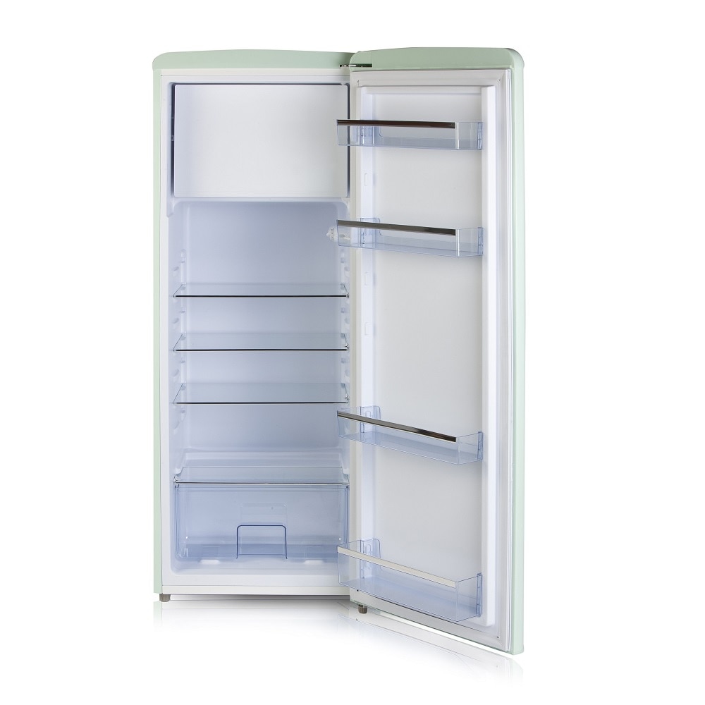 Frigider Retro DOMO, capacitate 218 litri, H 144.5 cm, congelator 24 litri, temperatura reglabila, 4 rafturi din sticla, 4 compartimente pe usa, compartiment fructe/legume, iluminare interioara, maner ergonomic, picioare ajustabile, verde pastel