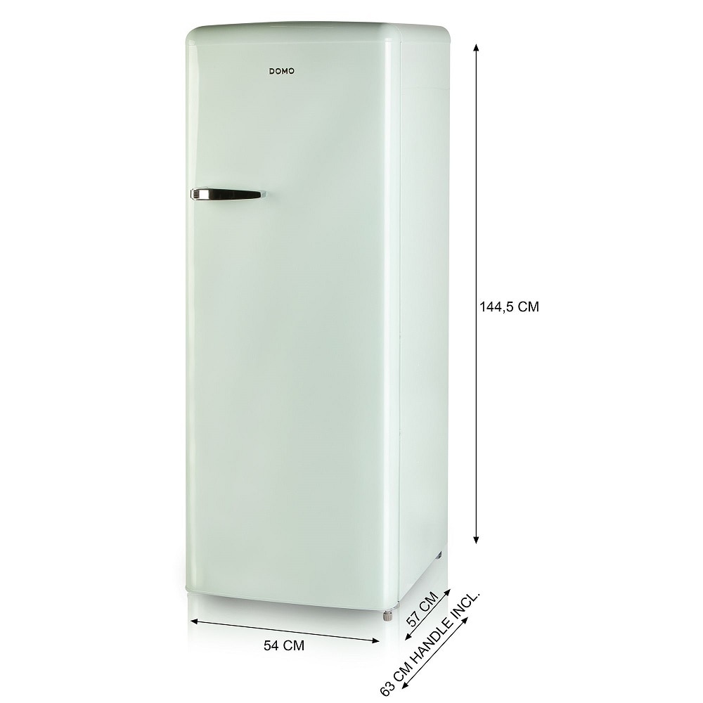Frigider Retro DOMO, capacitate 218 litri, H 144.5 cm, congelator 24 litri, temperatura reglabila, 4 rafturi din sticla, 4 compartimente pe usa, compartiment fructe/legume, iluminare interioara, maner ergonomic, picioare ajustabile, verde pastel