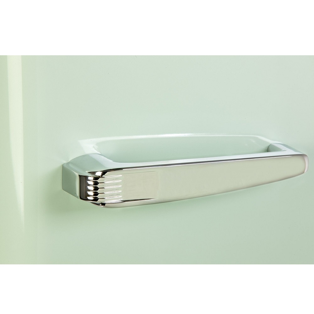 Frigider Retro DOMO, capacitate 218 litri, H 144.5 cm, congelator 24 litri, temperatura reglabila, 4 rafturi din sticla, 4 compartimente pe usa, compartiment fructe/legume, iluminare interioara, maner ergonomic, picioare ajustabile, verde pastel