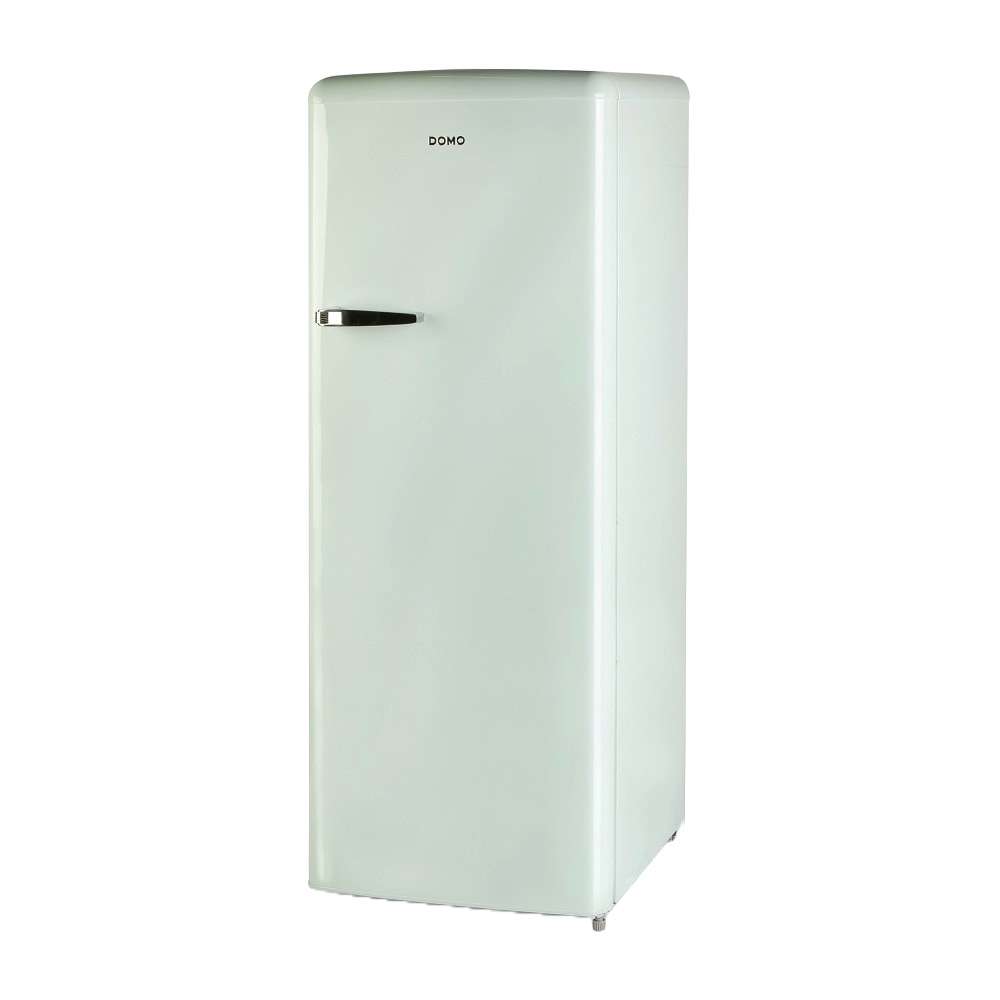 Frigider Retro DOMO, capacitate 218 litri, H 144.5 cm, congelator 24 litri, temperatura reglabila, 4 rafturi din sticla, 4 compartimente pe usa, compartiment fructe/legume, iluminare interioara, maner ergonomic, picioare ajustabile, verde pastel