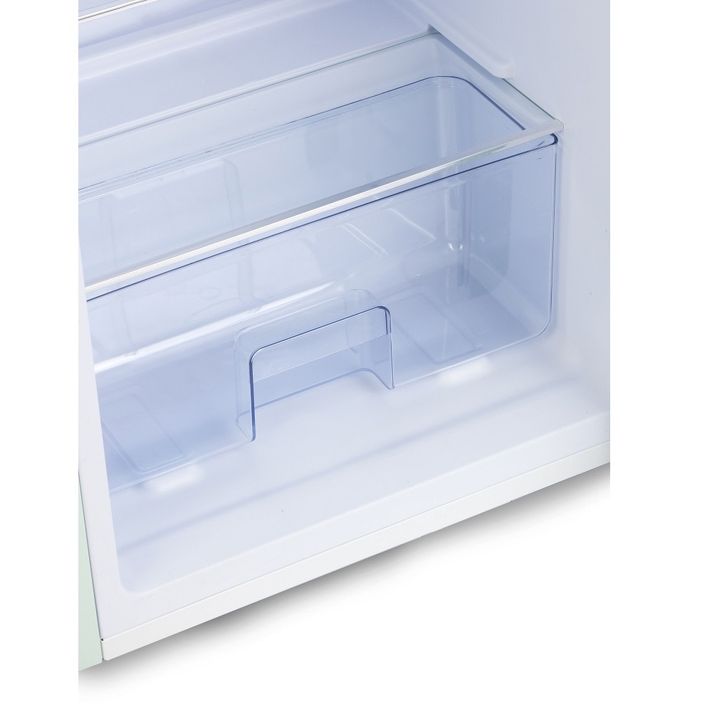 Frigider Retro DOMO, capacitate 218 litri, H 144.5 cm, congelator 24 litri, temperatura reglabila, 4 rafturi din sticla, 4 compartimente pe usa, compartiment fructe/legume, iluminare interioara, maner ergonomic, picioare ajustabile, verde pastel