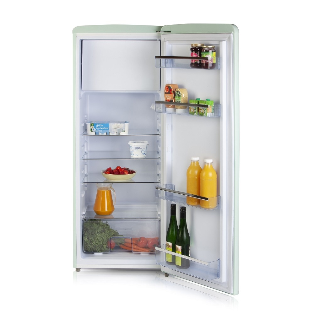 Frigider Retro DOMO, capacitate 218 litri, H 144.5 cm, congelator 24 litri, temperatura reglabila, 4 rafturi din sticla, 4 compartimente pe usa, compartiment fructe/legume, iluminare interioara, maner ergonomic, picioare ajustabile, verde pastel