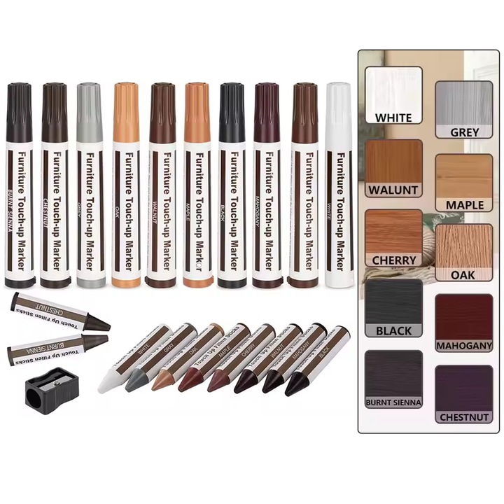 Kit Reparatii Suprafete din Lemn, CCmax, set 10 Markere, 10 Creioane Cerate si Ascutitoare