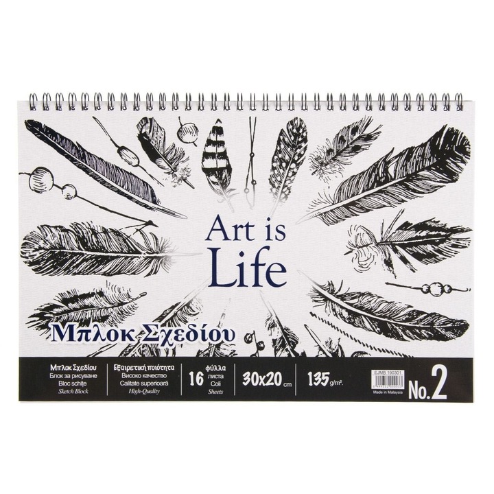 Bloc Desen Nr. 2 cu Spirala, Coperta Model Pene, 16 File, Hartie 135 GSM, 30x20 cm