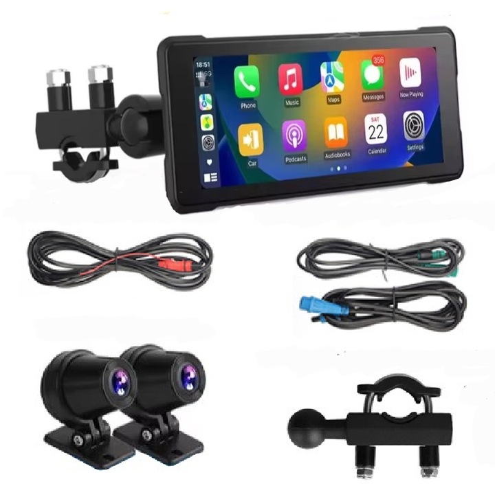 Navigatie 7 inch, Carplay, Android Auto, pentru motocicleta, masina, barca, display IPS, rezolutie 1280x480, rezistenta la apa IPX7, Sistem Dual Bluetooth, DVR, cu doua camere incluse