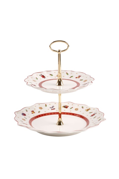 Villeroy&Boch, Platou de portelan, cu 2 etaje, pentru prajituri, Alb/Rosu