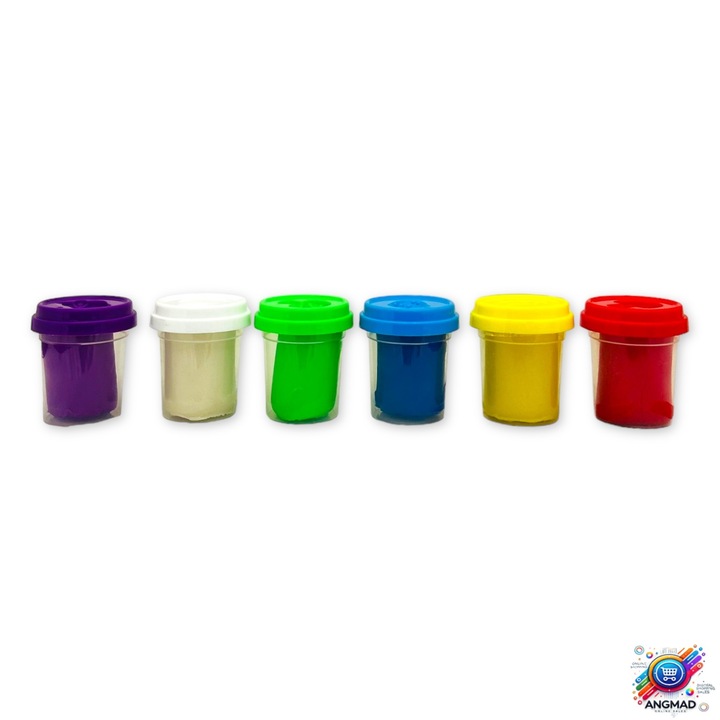 Set plastilina ANGMAD; 6 culori, ambalate individual in recipiente de 50g; capacele au diverse forme pt modelare: rosu, galben, albastru, verde, alb si mov, varsta minim recomandata 3+ani