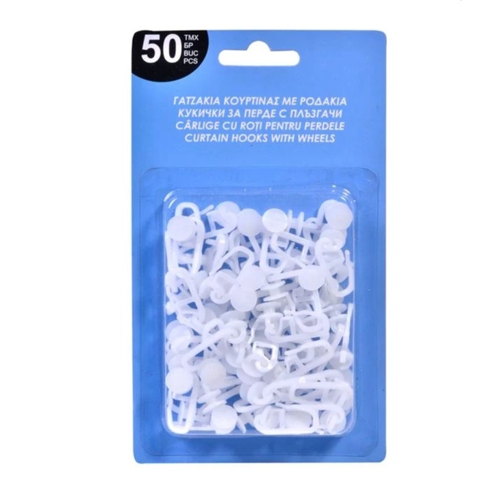 Carlige cu rotite detasabile, pentru perdele pe sina sau galerie, din plastic, alb, 50buc