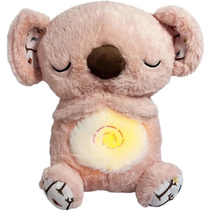 Плюшена играчка Коала с дишане, сензорна музика, светлини, розова, 30 см