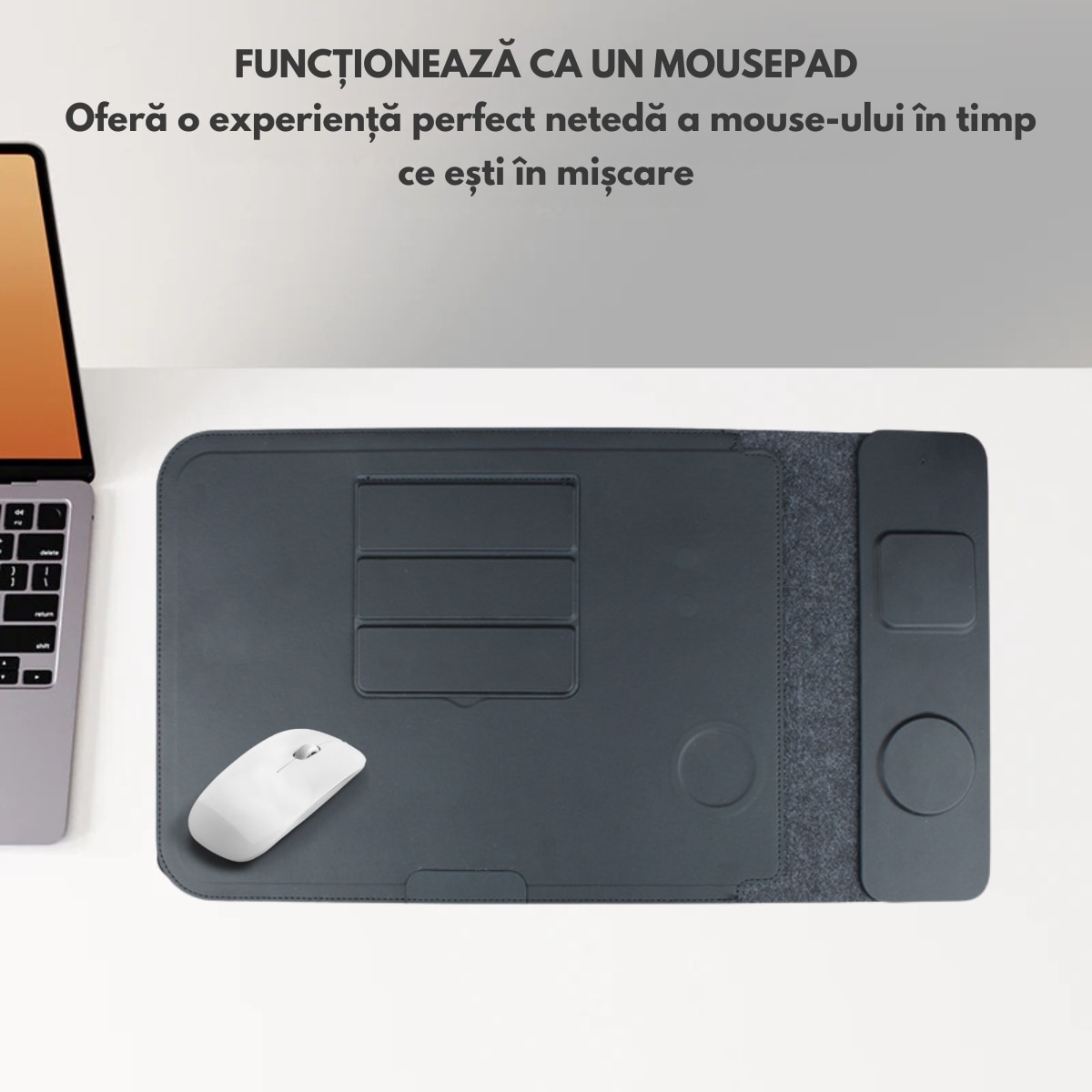 Husa Laptop cu Incarcare dubla Wireless 15W, Protectie 360, Impermeabila, Rezistenta la socuri, 15-16 inch, Suport Pliabil si Design Slim, Piele PU Premium, 4-in-1 cu Suport Mousepad, Compatibila Universal, MacBook Air, MacBook Pro, Tableta, Negru