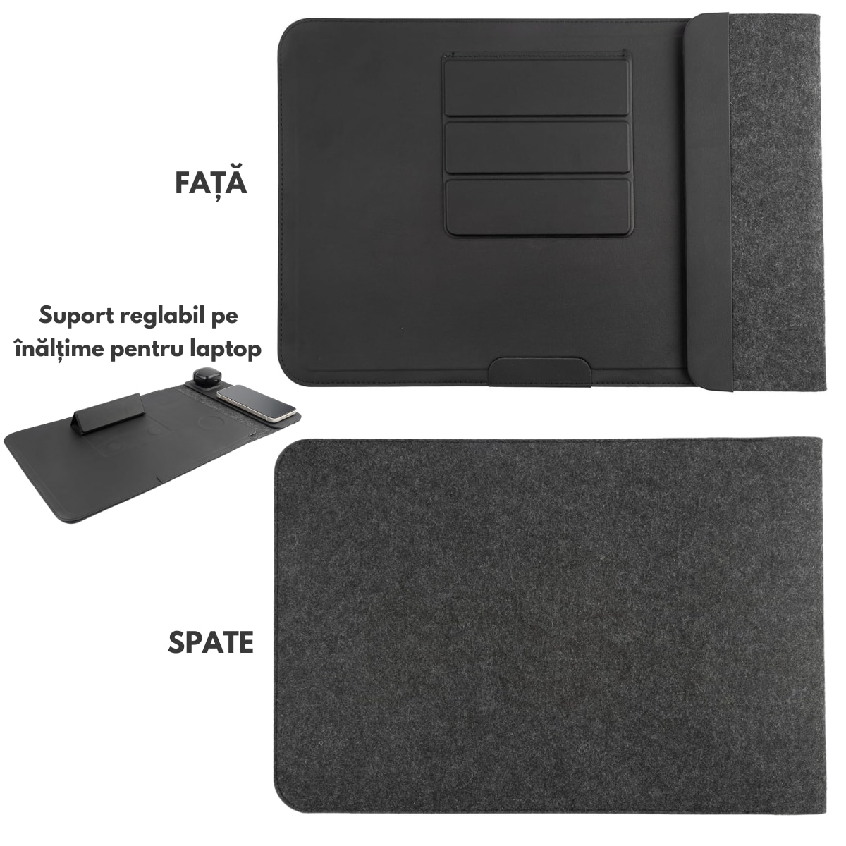 Husa Laptop cu Incarcare dubla Wireless 15W, Protectie 360, Impermeabila, Rezistenta la socuri, 15-16 inch, Suport Pliabil si Design Slim, Piele PU Premium, 4-in-1 cu Suport Mousepad, Compatibila Universal, MacBook Air, MacBook Pro, Tableta, Negru