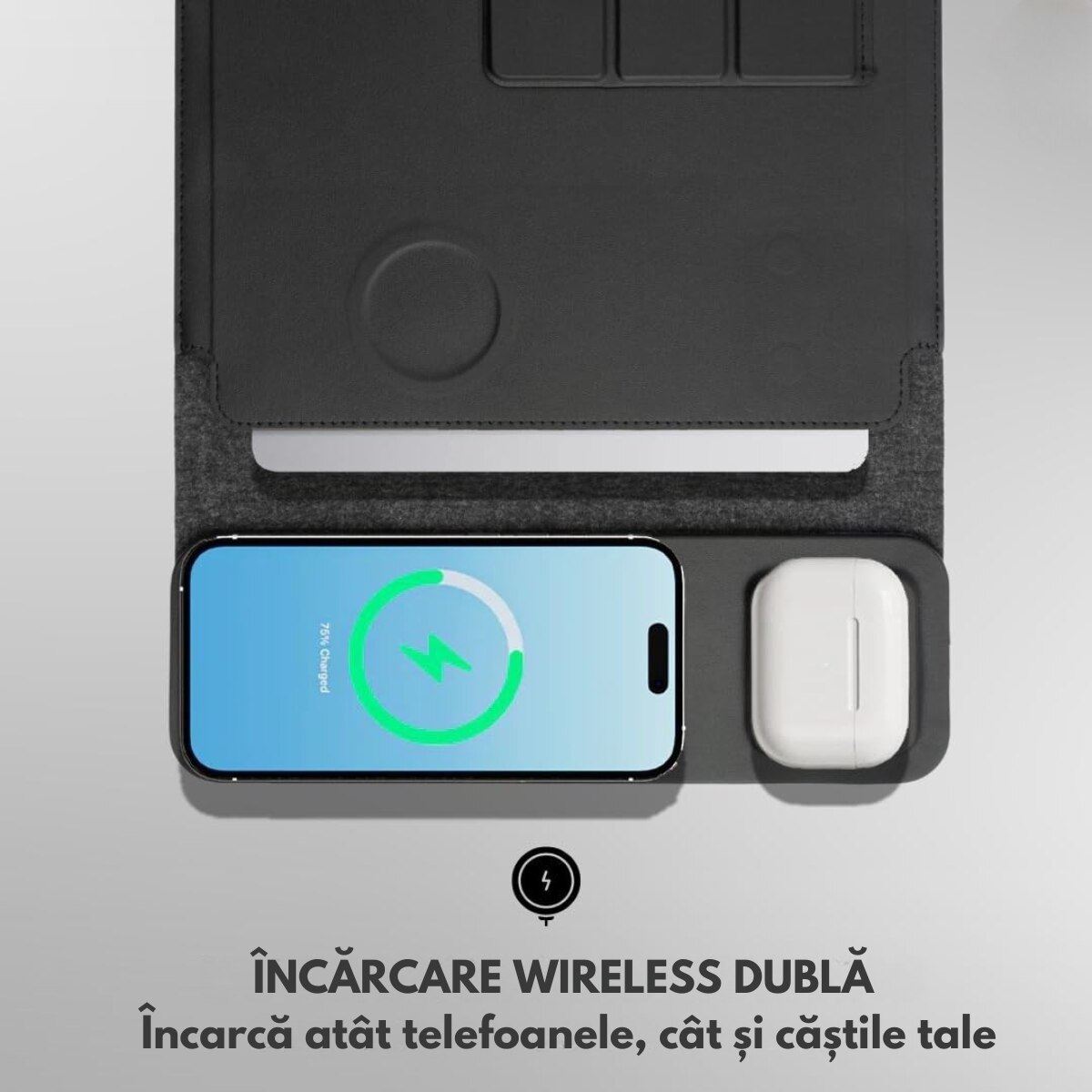 Husa Laptop cu Incarcare dubla Wireless 15W, Protectie 360, Impermeabila, Rezistenta la socuri, 15-16 inch, Suport Pliabil si Design Slim, Piele PU Premium, 4-in-1 cu Suport Mousepad, Compatibila Universal, MacBook Air, MacBook Pro, Tableta, Negru