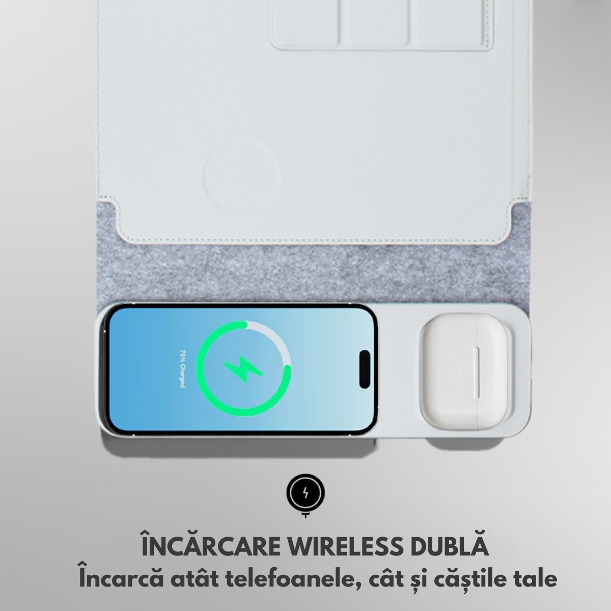 Husa Laptop cu Incarcare dubla Wireless 15W, Protectie 360, Impermeabila, Rezistenta la socuri, 13-14 inch, Suport Pliabil si Design Slim, Piele PU Premium, 4-in-1 cu Suport Mousepad, Compatibila Universal, MacBook Air, MacBook Pro, Tableta, Gri