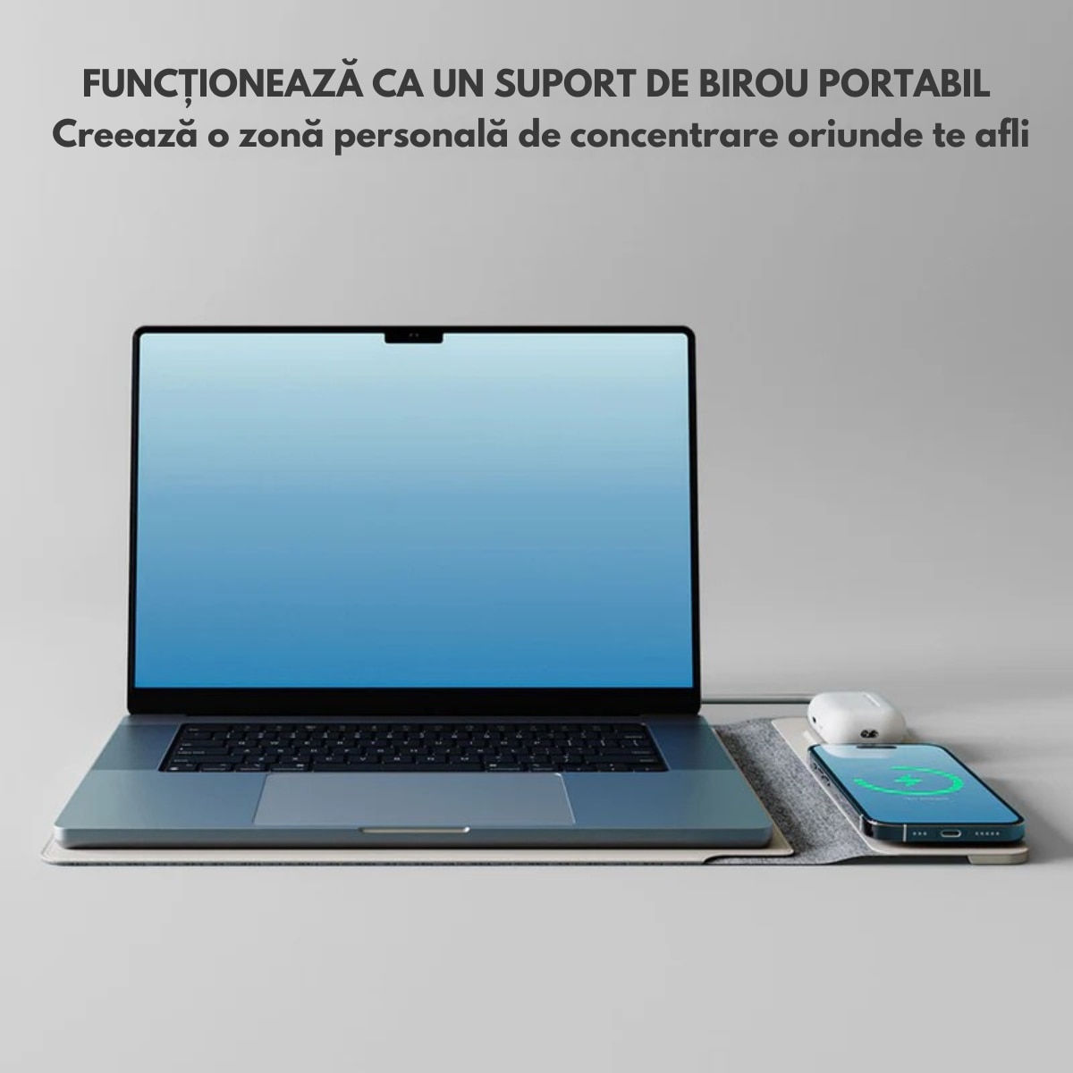 Husa Laptop cu Incarcare dubla Wireless 15W, Protectie 360, Impermeabila, Rezistenta la socuri, 13-14 inch, Suport Pliabil si Design Slim, Piele PU Premium, 4-in-1 cu Suport Mousepad, Compatibila Universal, MacBook Air, MacBook Pro, Tableta, Gri