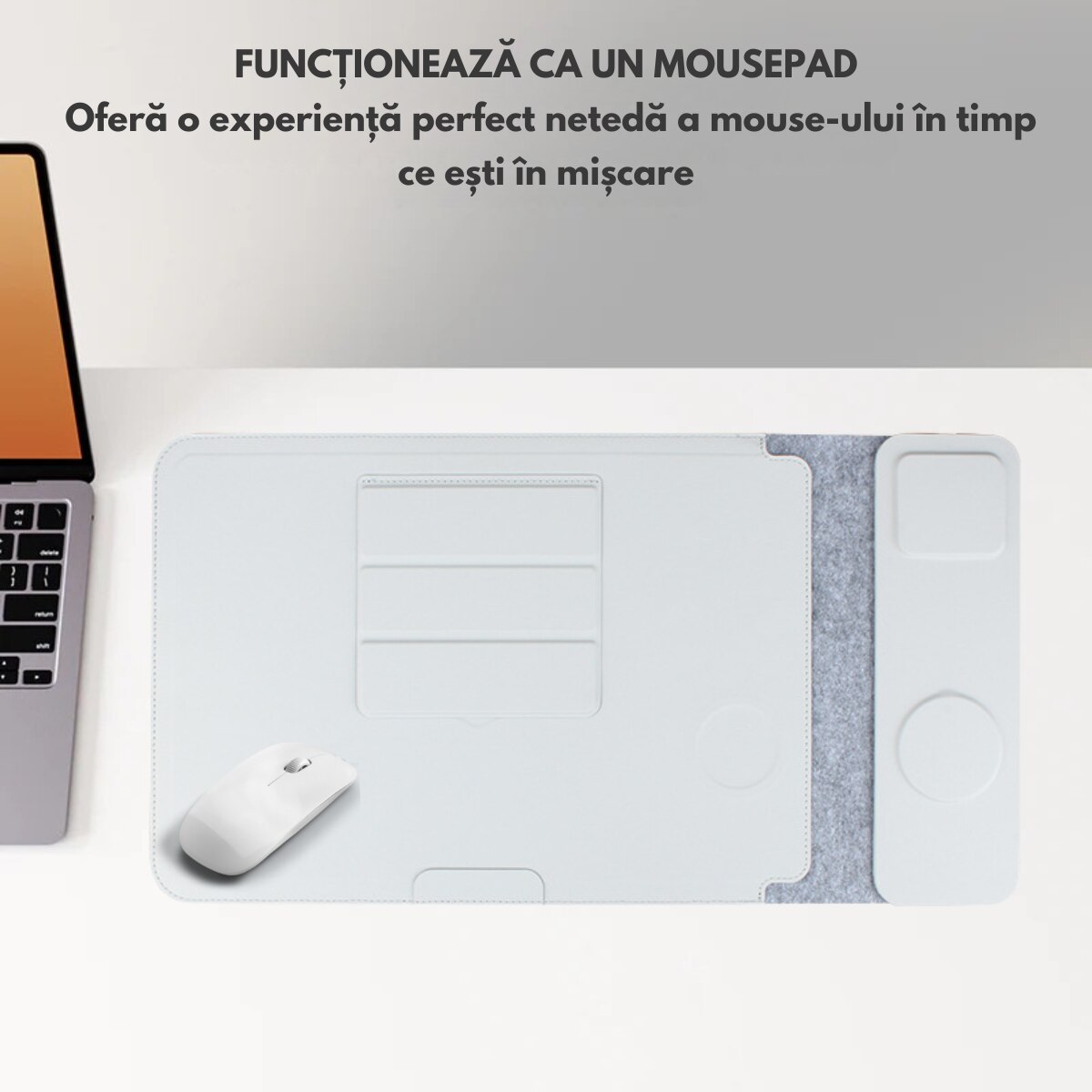 Husa Laptop cu Incarcare dubla Wireless 15W, Protectie 360, Impermeabila, Rezistenta la socuri, 13-14 inch, Suport Pliabil si Design Slim, Piele PU Premium, 4-in-1 cu Suport Mousepad, Compatibila Universal, MacBook Air, MacBook Pro, Tableta, Gri