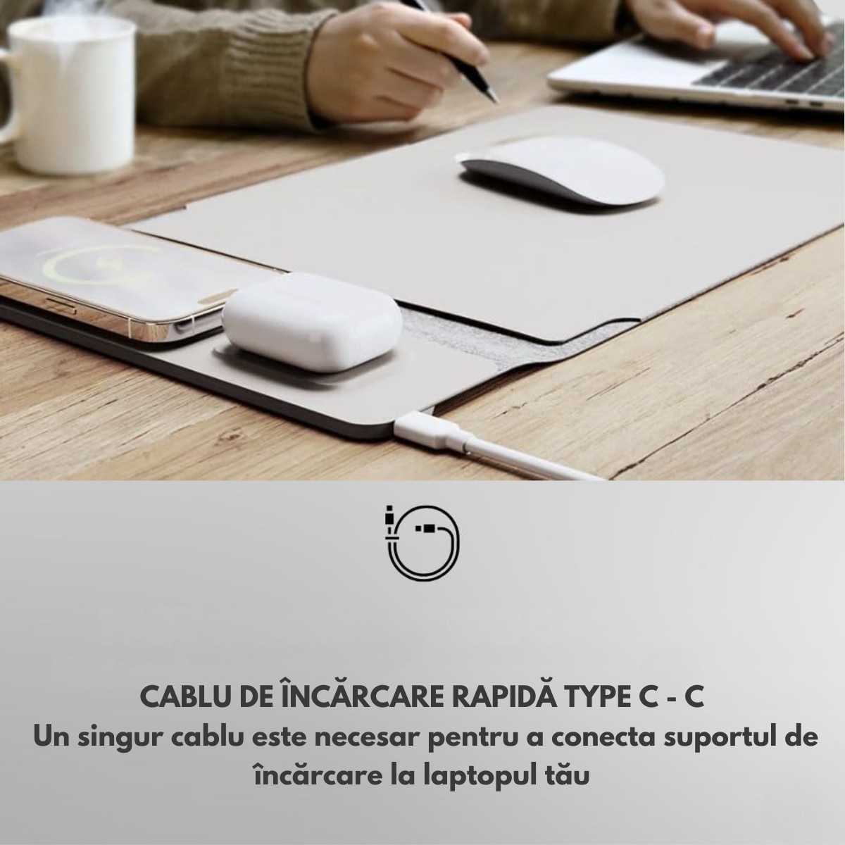 Husa Laptop cu Incarcare dubla Wireless 15W, Protectie 360, Impermeabila, Rezistenta la socuri, 13-14 inch, Suport Pliabil si Design Slim, Piele PU Premium, 4-in-1 cu Suport Mousepad, Compatibila Universal, MacBook Air, MacBook Pro, Tableta, Gri