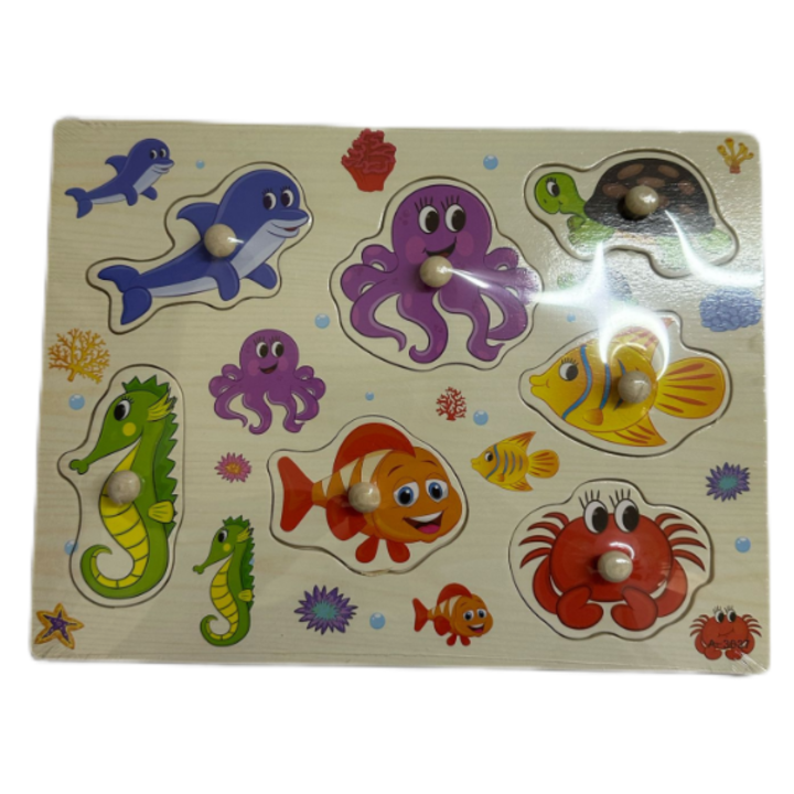 Puzzle incastru, GHEMOTOC®, placa din lemn, cu animale marine, delfin, cu maner ajutator