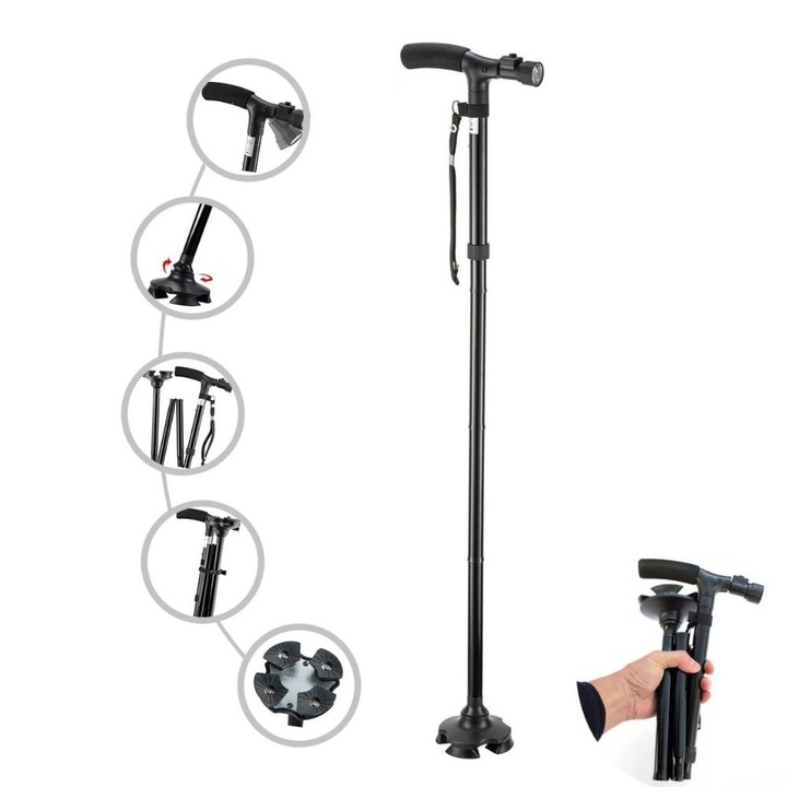 Baston pliabil cu maner T, Ergonomic si extensibil, Inaltime reglabila 84 cm – 94 cm, Cu Lanterna, Anti-alunecare, Baza pivotanta, Negru, Impact Vision®