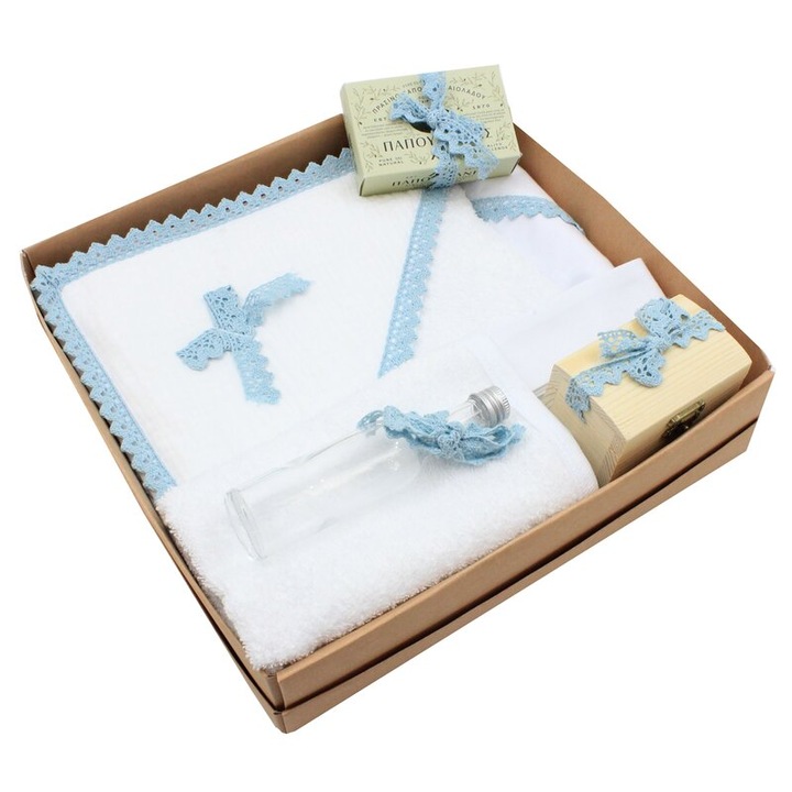 Trusou botez bumbac, Eli cu dantela albastra, 7 piese, alb