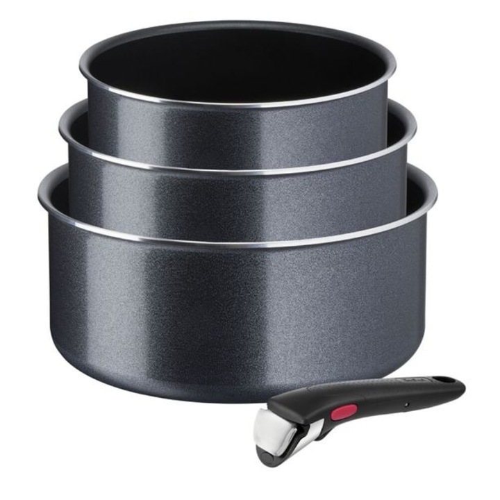 Tefal Ingenio Easy Plus L1509102 Комплект от 4 части, 16/18/20 см (1,5/2,1/3 L), подвижна дръжка, без индукция, незалепващо покритие, може да се подрежда един върху друг, може да се мие в съдомиялна машина