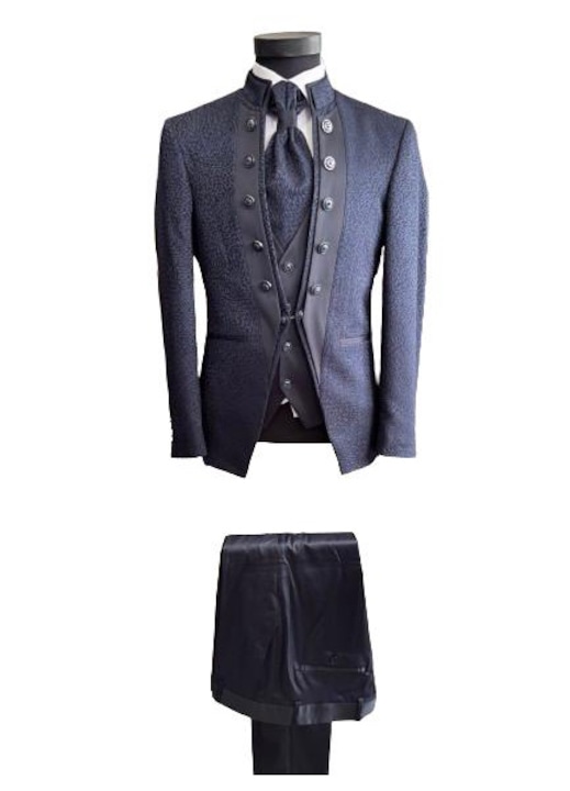 Costum de ceremonie cu guler tunica, Slim Fit, M10-12, Bleumarin