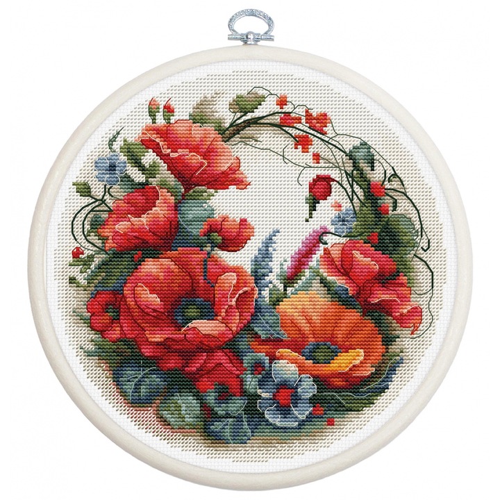 Set de brodat in cruciulita cu gherghef, Compozitie cu maci, 17 x 17 cm